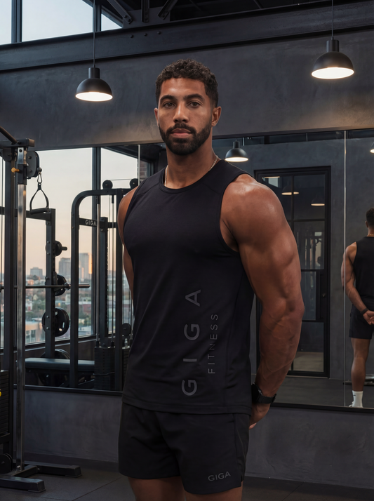 Man in gym wearing GIGA Core Tank and GIGA Shorts in black