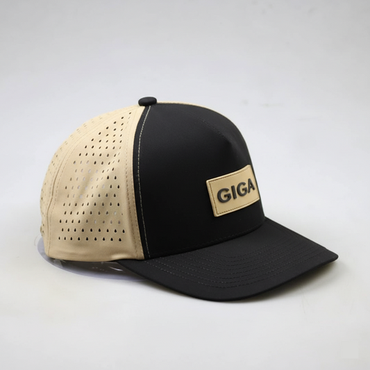 Black and beige cap with 'GIGA' logo on a light gray background