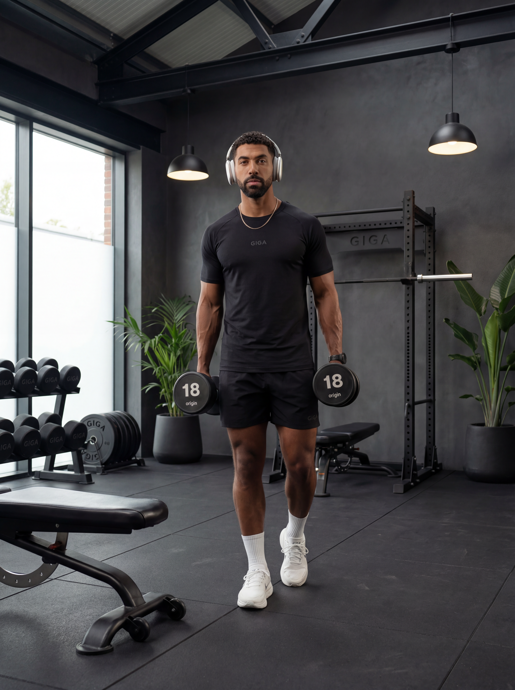 Man holding dumbbells in gym wearing GIGA Base Tee and GIGA Shorts in black