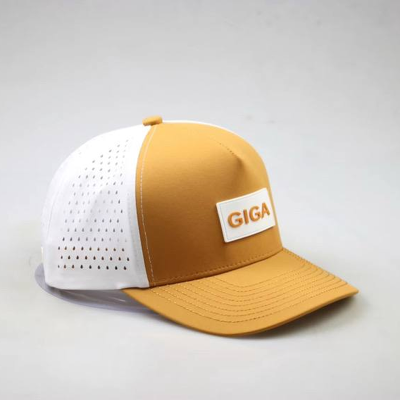 Yellow and white cap with 'GIGA' logo on a light gray background