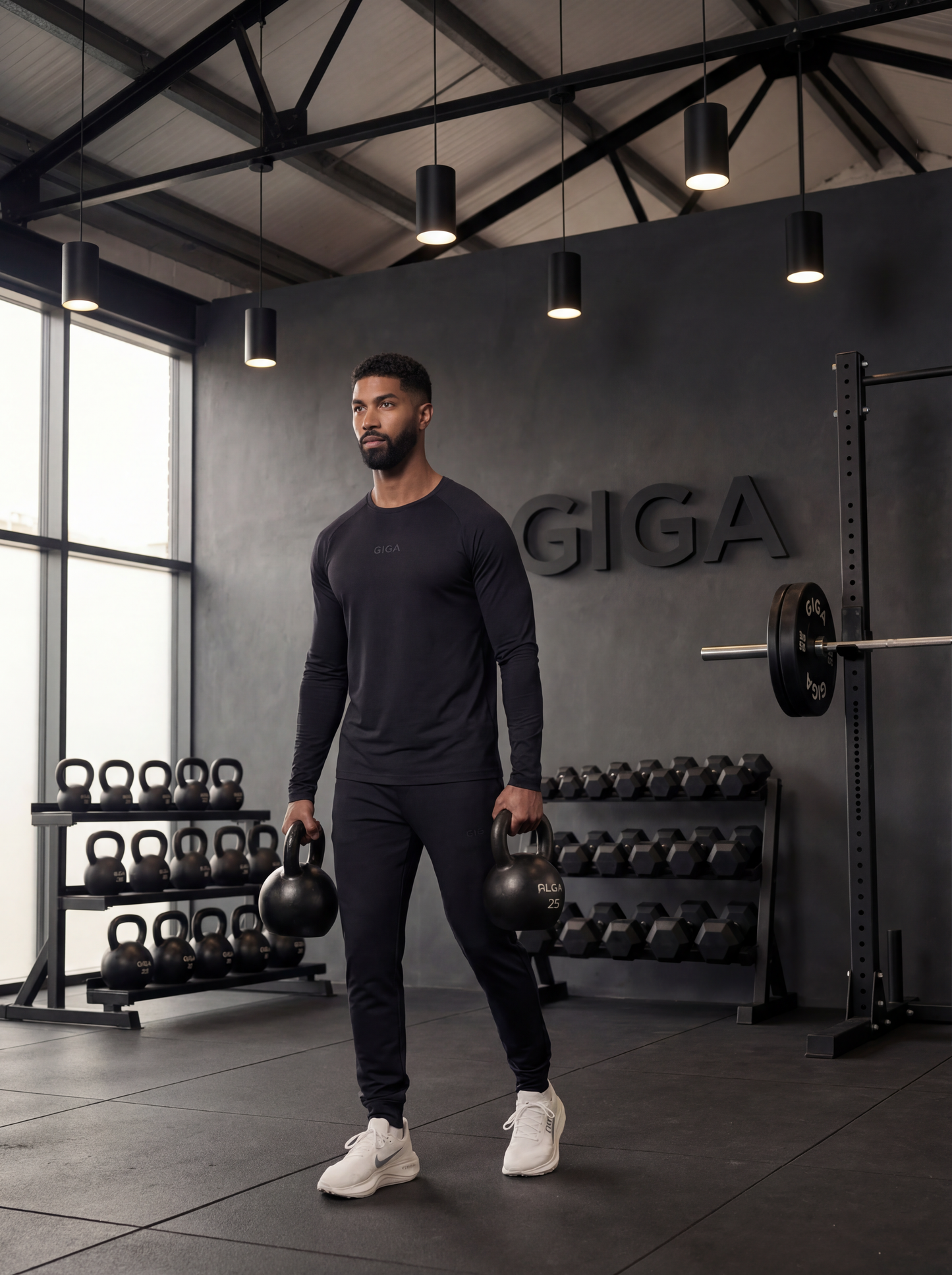 Man holding kettlebells in gym wearing GIGA Long Sleeve Tee and Joggers in black